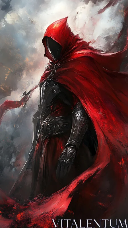 Hooded figure in red cloak with dark armor in misty scene.