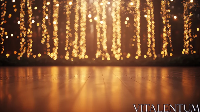 Wooden floor surface with defocused hanging light strands.
