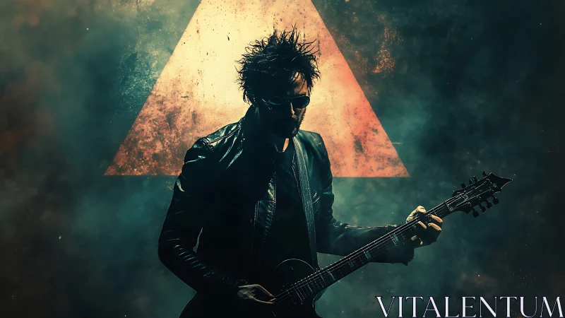 Cinematic rocker silhouette before luminous triangular backdrop.