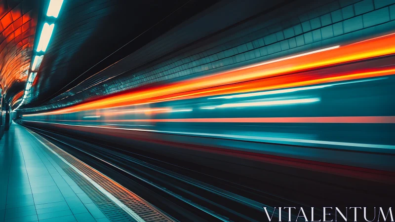 Long exposure subway transit with cyan-orange motion streaks