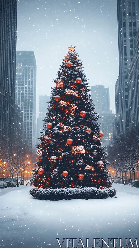 Snowy city Christmas tree glowing with vivid orange lights.
