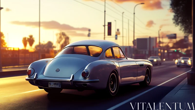 Vintage silver coupe drives through city at sunset