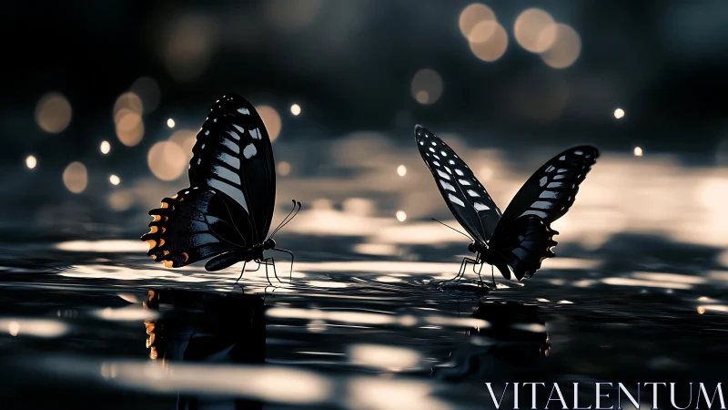 Two dark butterflies stand on reflective water at dusk