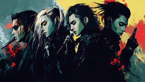 Four stylized figures in profile against divided color field.