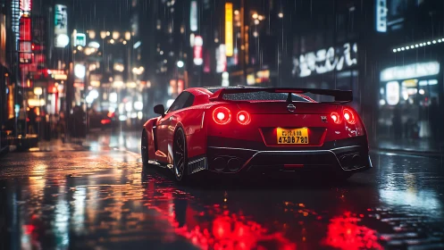 Red sports car waits in neon city street during heavy rain