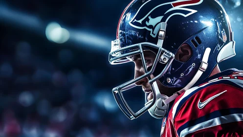 Under bright stadium lights, a focused football player prepares