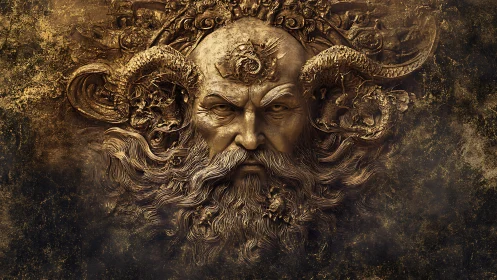 Mythic bronze deity head with swirling serpentine crown.