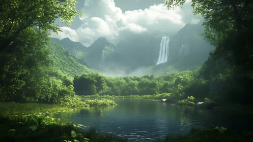 Lush mountain valley waterfall above reflective forest lake.