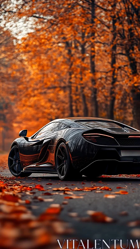 Black supercar parked on autumn road under orange trees.