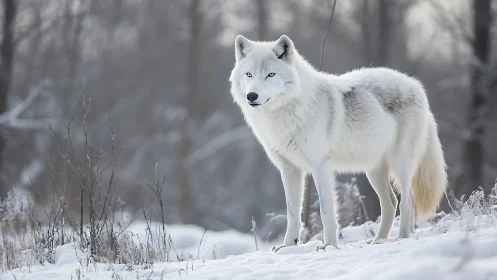 Arctic wolf in high-key winter habitat, telephoto isolation.