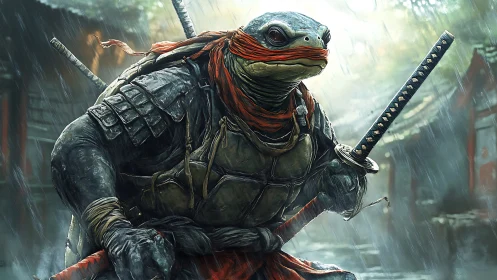 Armored turtle warrior holding katanas in rainy street.