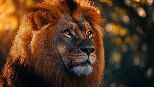 Majestic lion portrait under warm sunset bokeh light.