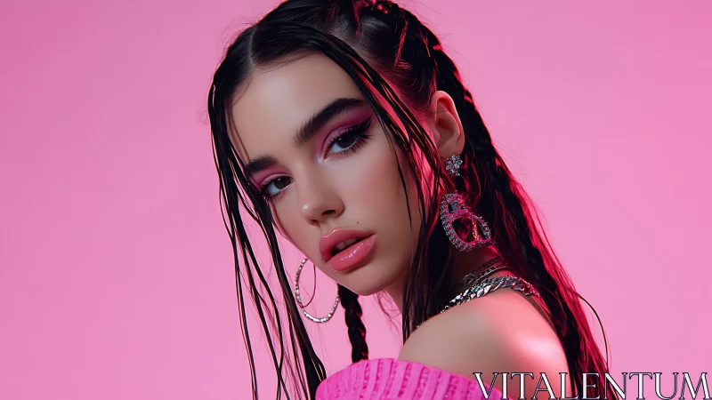 Neon pink portrait with braided wet hair and metallic jewelry