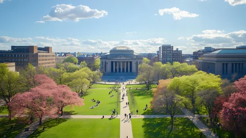 Symmetrical quad with neoclassical dome framed by spring foliage