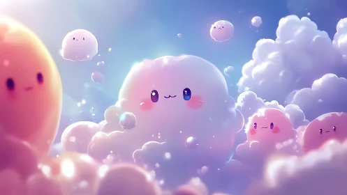 Kawaii pastel cloud characters float through glowing sky.