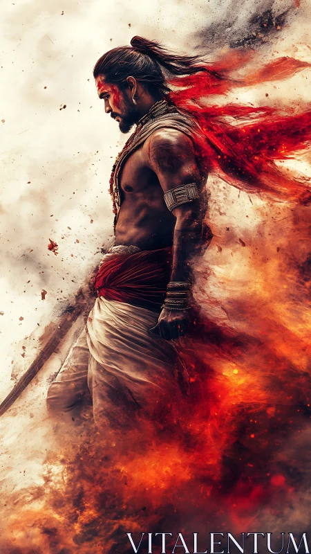 Incandescent warrior profile in eruptive particulate firestorm.