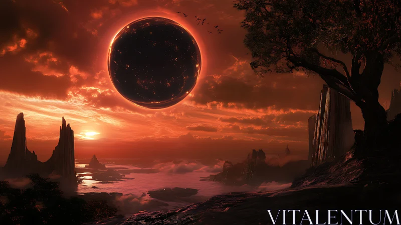 Crimson alien seascape under burning black eclipse sky.