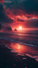 Digital painting seascape with crimson sunset reflections.