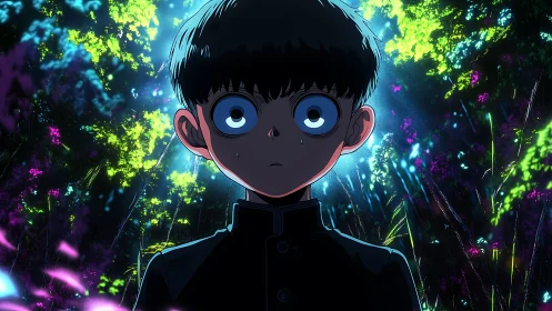 Wide-eyed boy faces neon forest under electric night glow.