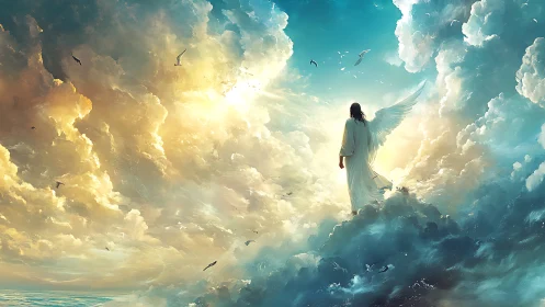 Solitary angel walks sunlit clouds toward radiant horizon
