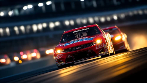 Red stock car moves along illuminated track at night
