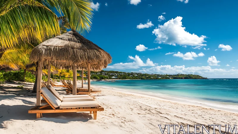 Tropical Beach Resort with Thatched Cabanas and Turquoise Waters.