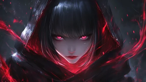 Dark sorceress portrait with glowing crimson eyes, shrouded.