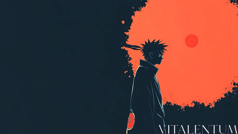 Minimalist anime silhouette against bold circular void field.