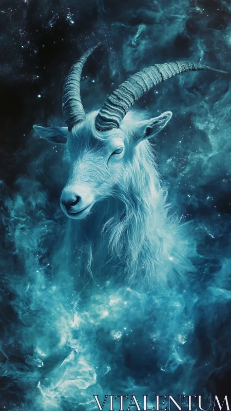 Celestial goat emerging from swirling blue nebula clouds.