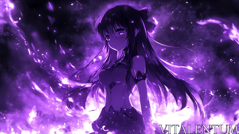 Anime girl in dark scene surrounded by violet energy.