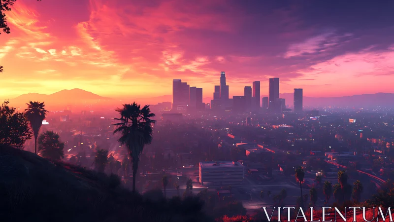 Neon sunset skyline over palm-lined modern metropolis. Period.