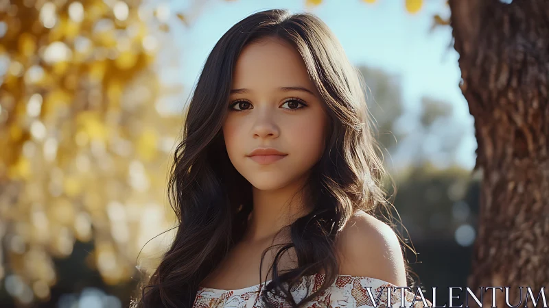 Young woman with dark wavy hair in natural outdoor lighting