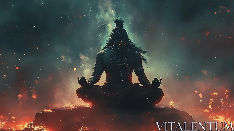 Firelit ascetic meditates amid storm-born cosmic embers.