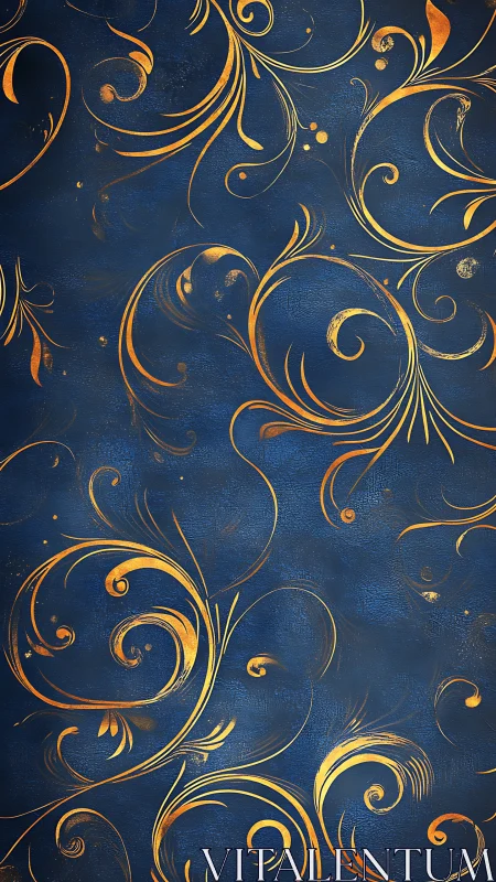 Gold flourishes on textured navy blue ornamental background.
