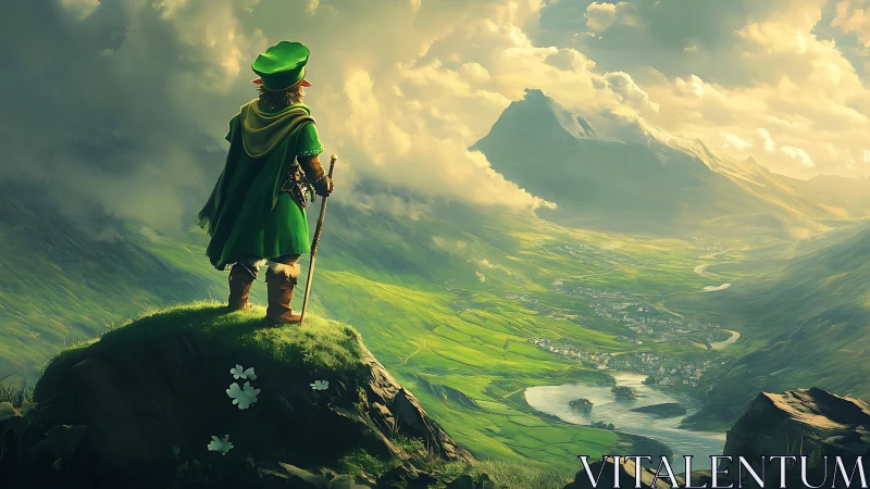 Lone cloaked adventurer surveying luminous river valley.