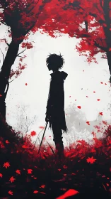 Solitary swordsman stands beneath crimson autumn canopy.