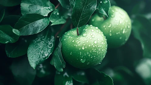 Green apples with water droplets on tree branch in foliage.