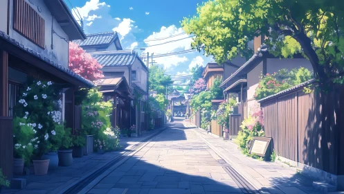 Sunlit Japanese lane with floral-loaded vernacular facades.