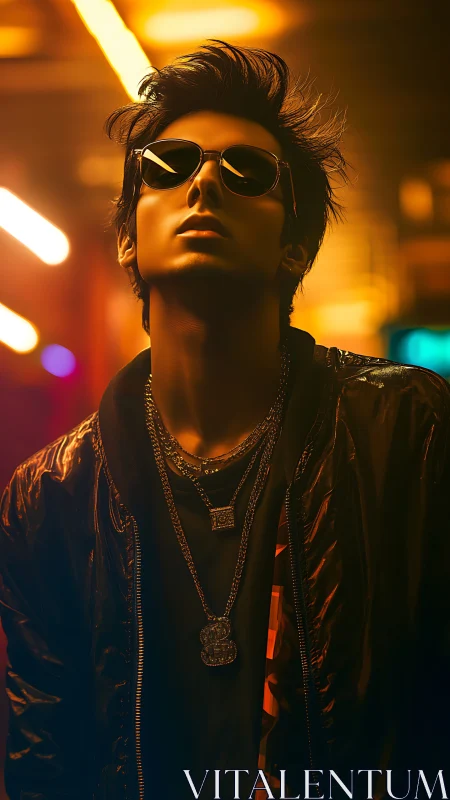 Stylized man in sunglasses stands under warm neon lighting