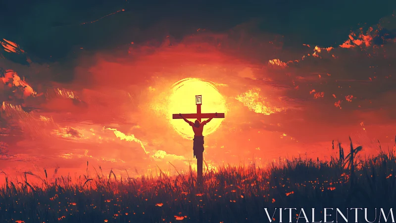 Crimson skies cradle a solitary cross before burning sun