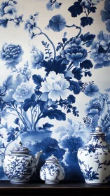 Porcelain blues bloom across teapot trio and floral wallscape.