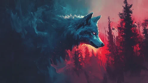 Ghostly wolf head over red forest in vivid neon colors.