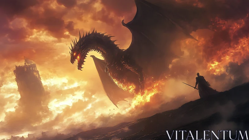 Flaming dusk curls around a lone knight facing the dragon