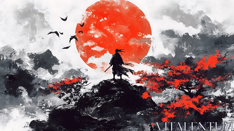 Lone samurai crowns a crimson sun in storm-torn inkscape.