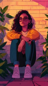 Stylized sunset portrait of seated woman with strong rim lighting