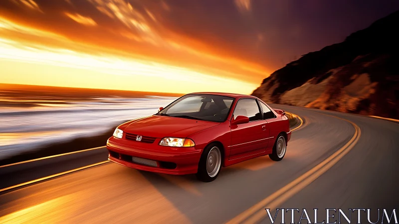 Sunset-curved coastline sprint with a crimson coupe dream.