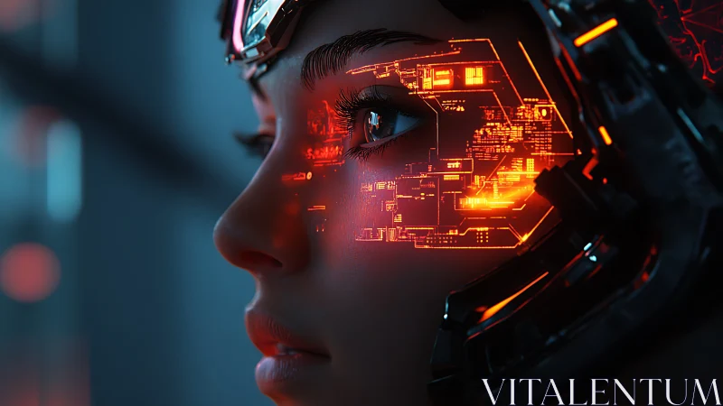 Neon-eyed cyborg navigator scanning electric city maps.