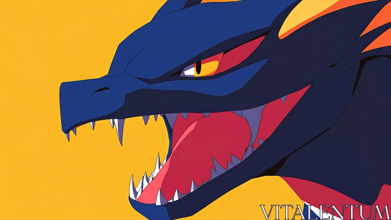 Anime dragon close-up with open jaws on yellow ground.