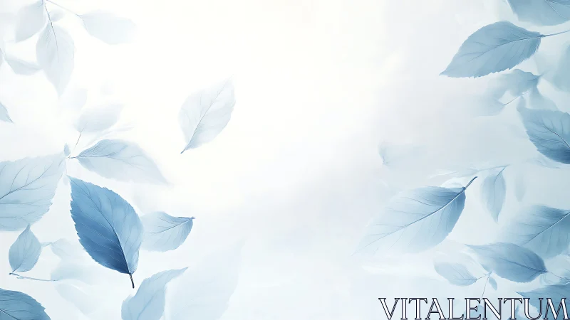 Pale blue leaves drift through soft luminous misted air.