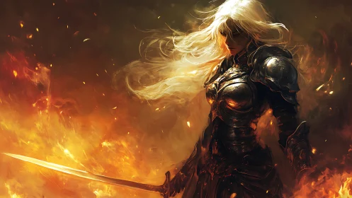 Flame-lit female knight in blackened plate armor, sword drawn